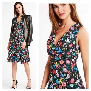 Elie Tahari Womens Jila V-Neck Fit & Flare Midi Dress Size 6 Multicolor Floral